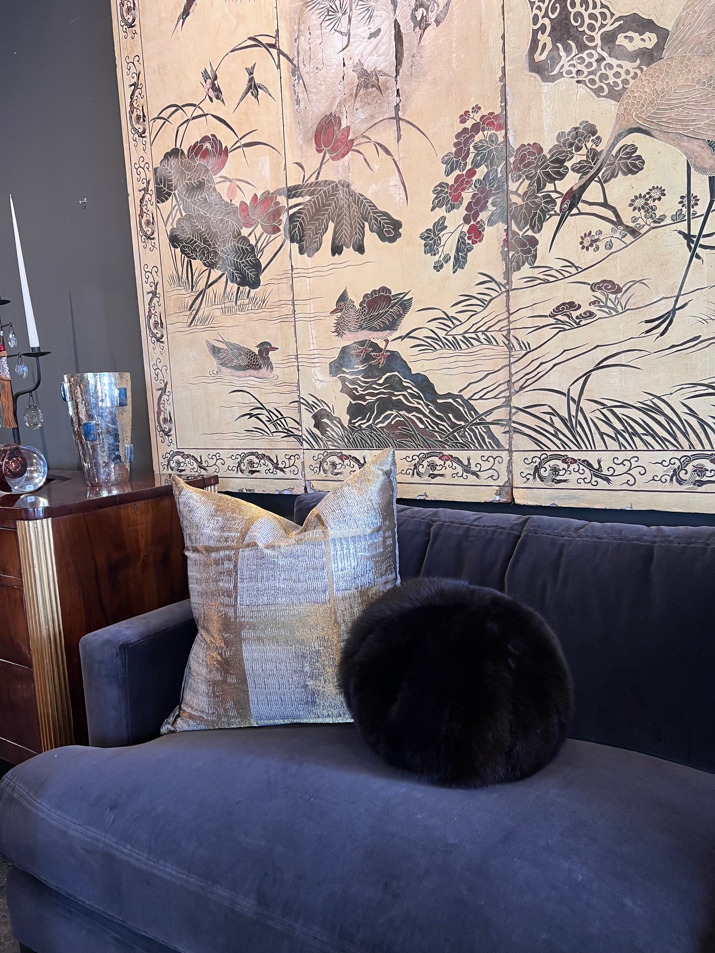 Channeled Fox Fur Round Pillow