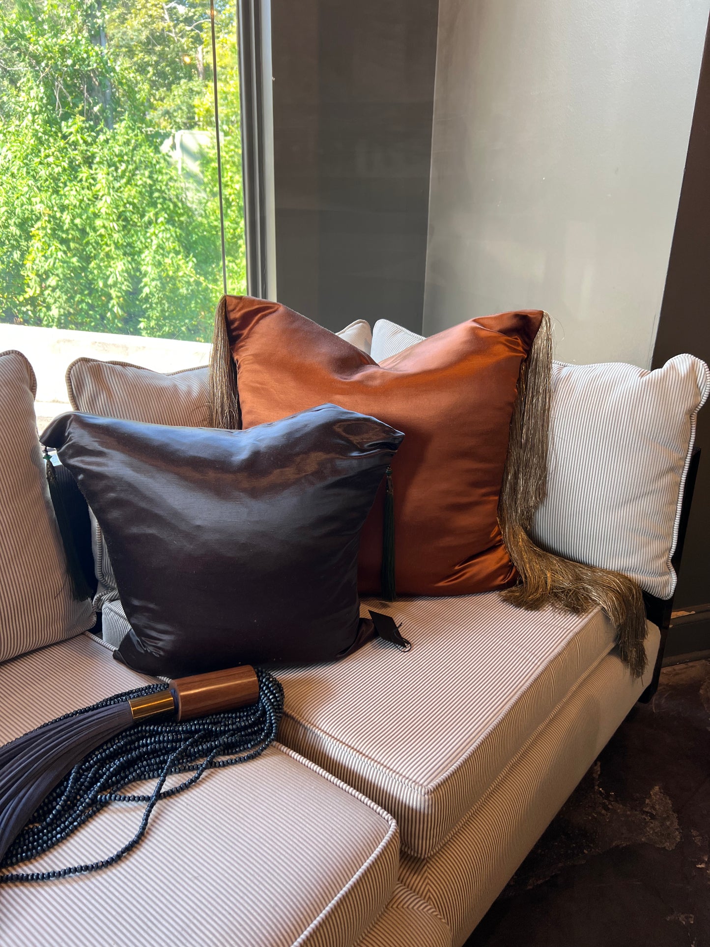 Rasin Colored Custom Silk Throw Pillow with Green Fortuny Tassel